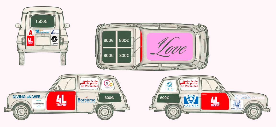 Schemas de la 4L avec les tarifs d'affichage des logos pour le sponsoring du 4L Trophy 2027